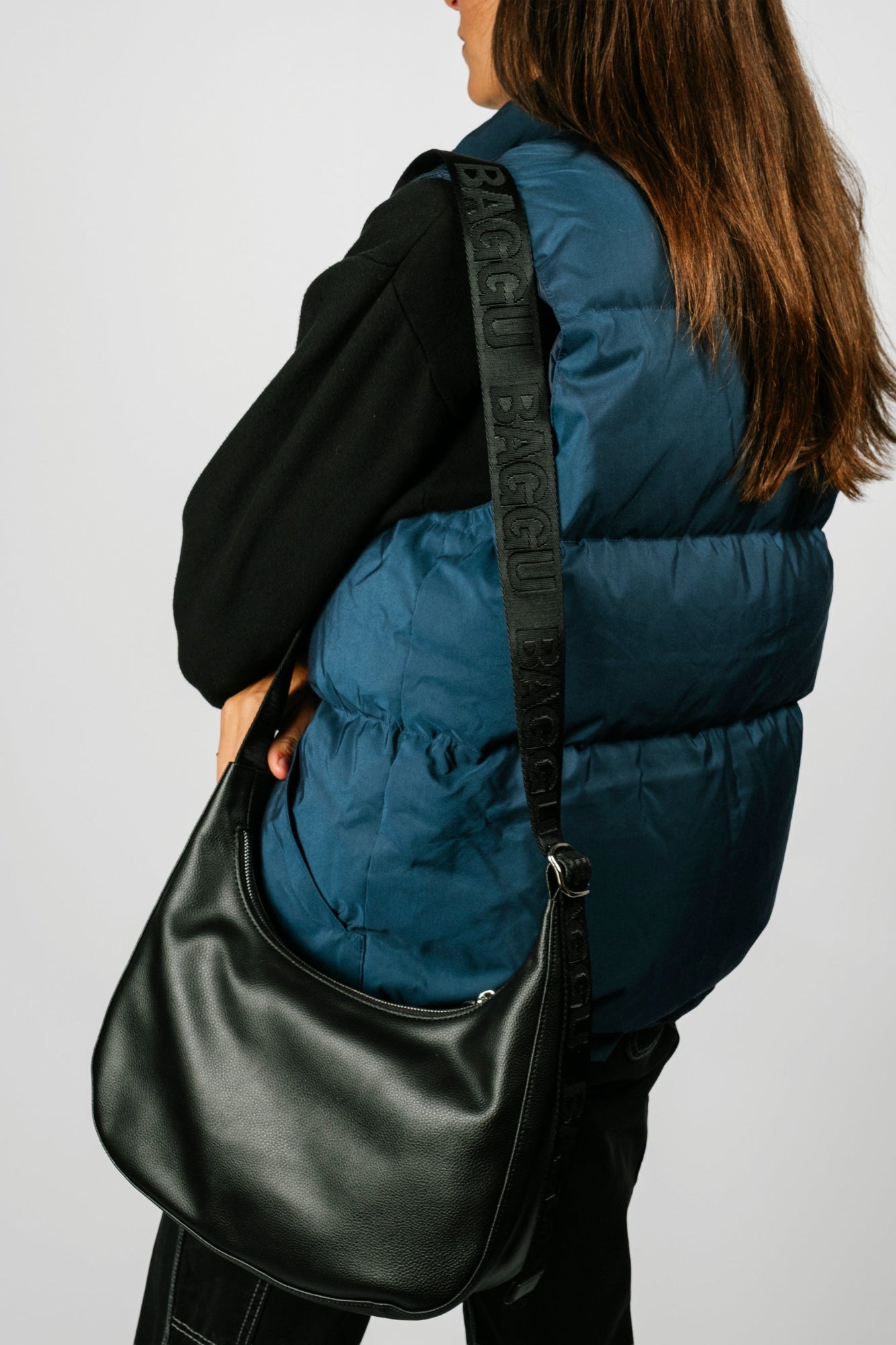baggu black leather backpack Baggu - Medium Recycled Leather Crescent Bag