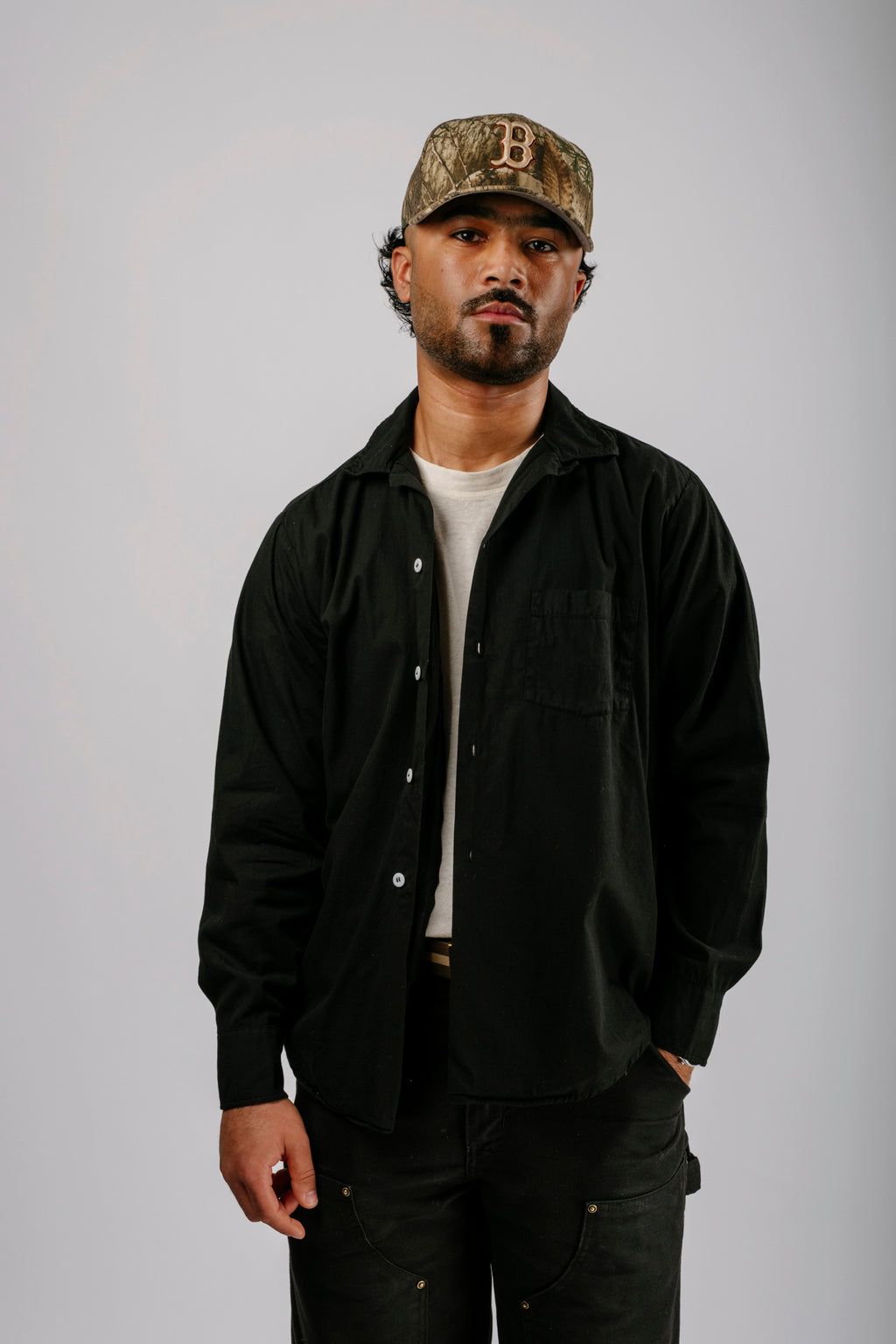 Vintage Black Long Sleeve Loop Collar Shirt